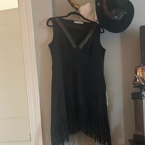 Western Chic Asymmetrical Black Fringe Sleeveless Suede like Dress M